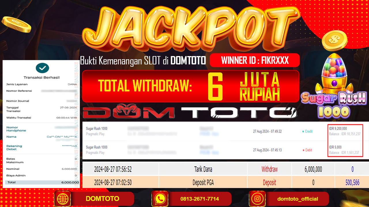 JACKPOT MENANG SLOT SUGAR RUSH100 27 AGUSTUS 2024